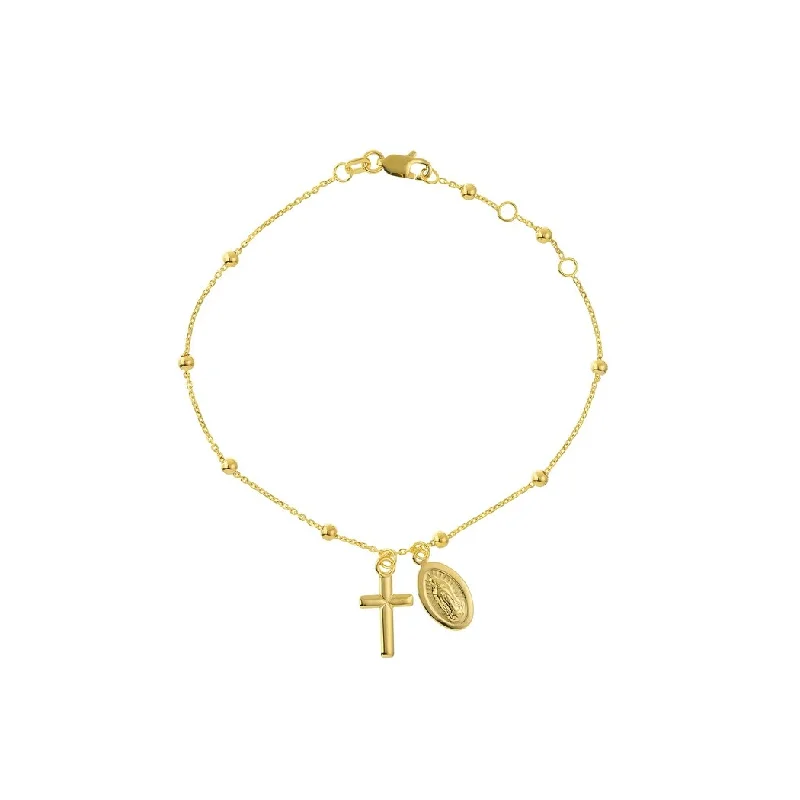 Ladies diamond-studded bracelet-Curata 14k Yellow Gold 7.25" Dangle Miraculous Medal and Crosss Adjustable Bead Chain Bracelet