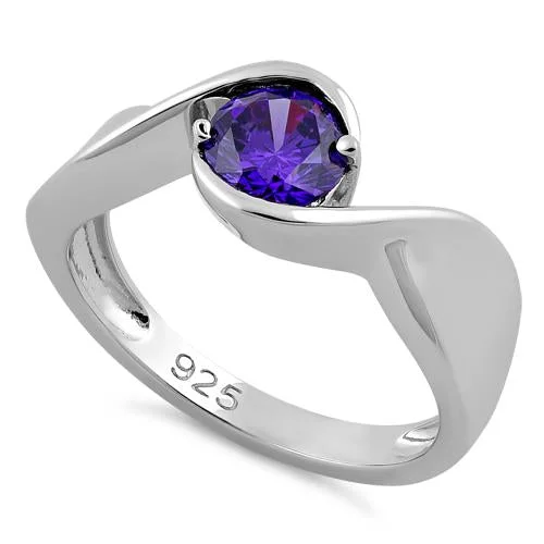 Ladies sapphire ring-Sterling Silver Twisted Round Amethyst CZ Ring