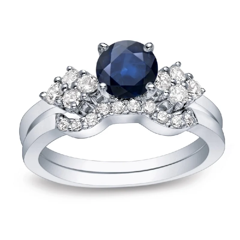 Ladies diamond engagement ring with halo-Platinum Round 3/5ct Blue Sapphire and 1/2ct TDW Round Diamond Engagement Ring Set by Auriya