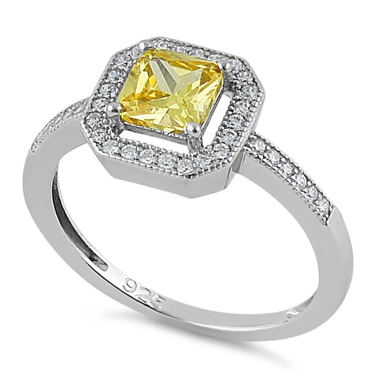 Ladies classic solitaire ring-Sterling Silver Yellow CZ Cushion Halo Ring