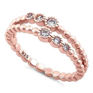 Ladies simple gold ring-Sterling Silver Rose Gold Plated Double Beaded Clear CZ Ring