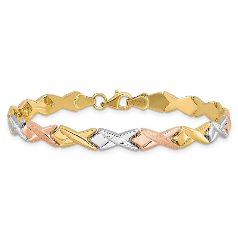 Ladies charm bracelet-Curata 10k Tri color Gold 7.5" 5mm Polished Brushed XO Stampato Bracelet