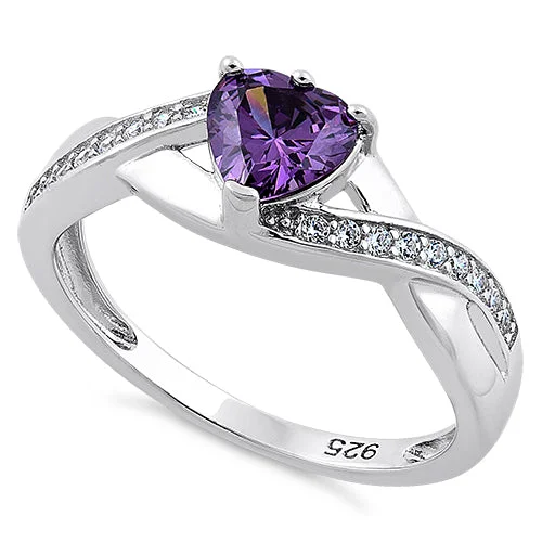 Ladies fashion statement ring-Sterling Silver Amethyst Heart String CZ Ring