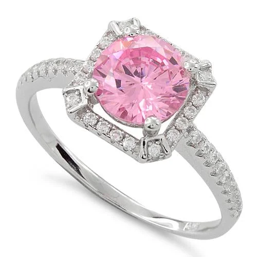 Ladies wedding band ring-Sterling Silver Pink Round Halo Pave CZ Ring