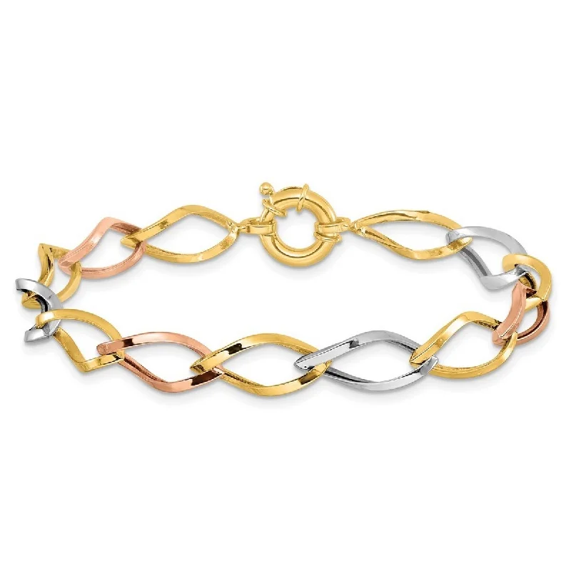 Ladies gold bangle bracelet-Curata 10k Tri color Gold 7.25" Polished Twisted Oval Links Bracelet