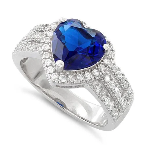 Ladies silver band ring-Sterling Silver Blue Sapphire Heart CZ Ring