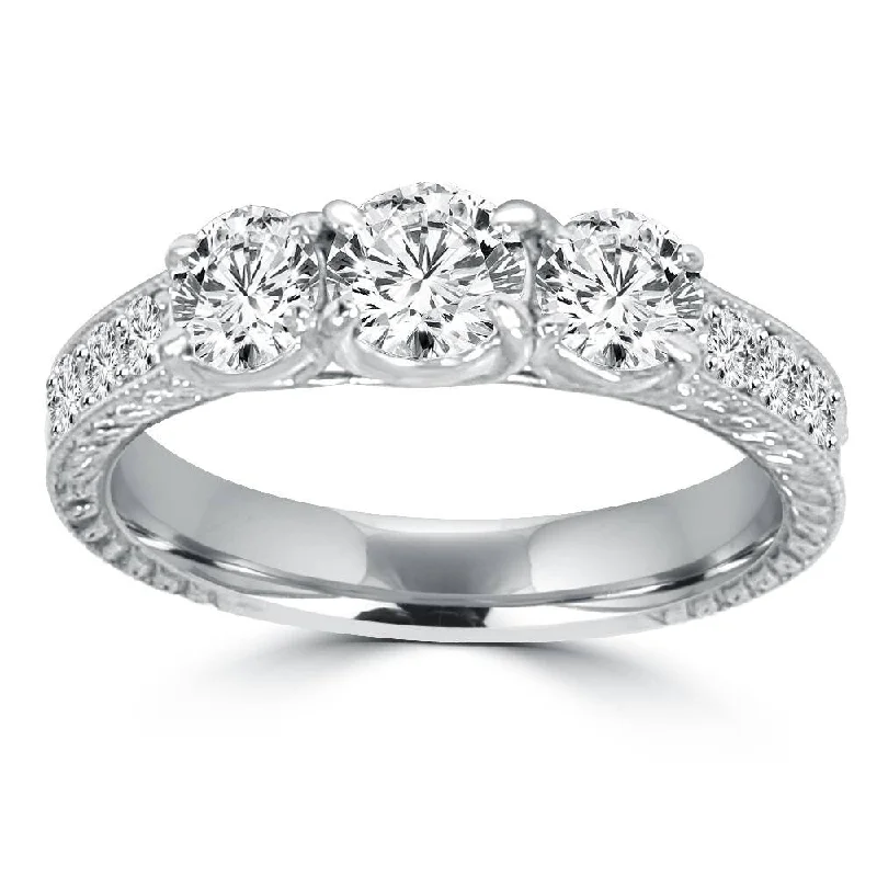 Ladies engagement ring with round diamond-1 1/2ct Vintage Three Stone Round Diamond Engagement Ring White Gold