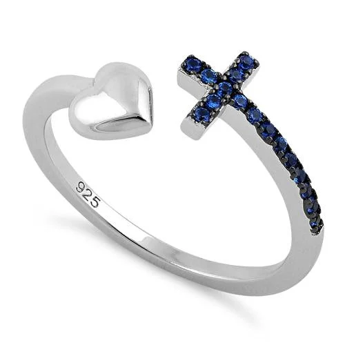 Ladies modern engagement ring-Sterling Silver Heart Cross Blue Sapphire CZ Ring