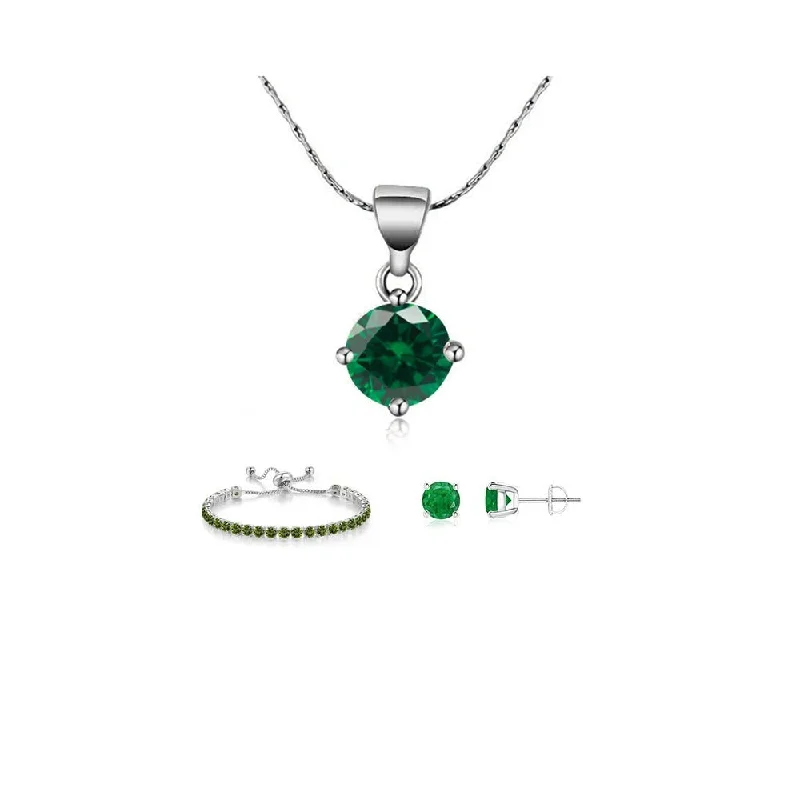 Ladies friendship bracelet-10K White Gold Created Emerald Necklace Earrings Bracelet Set 7 Ct Jewelry