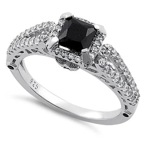 Ladies vintage gold ring-Sterling Silver Lavish Princess Cut Black CZ Ring