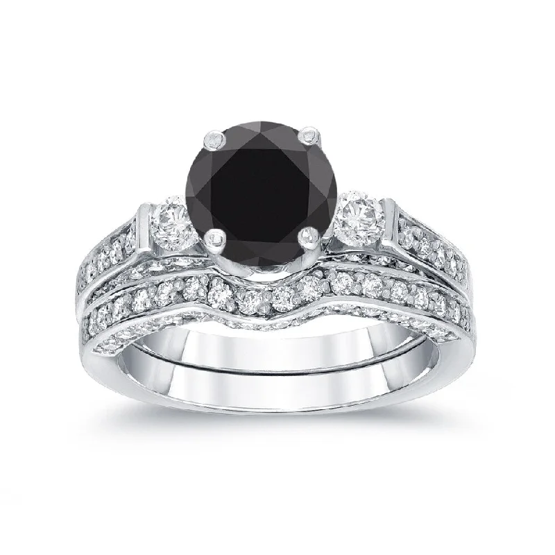 Ladies cushion cut diamond engagement ring-Auriya 2 carat TW Round 3 Stone Black Diamond Engagement Ring Set 14k Gold