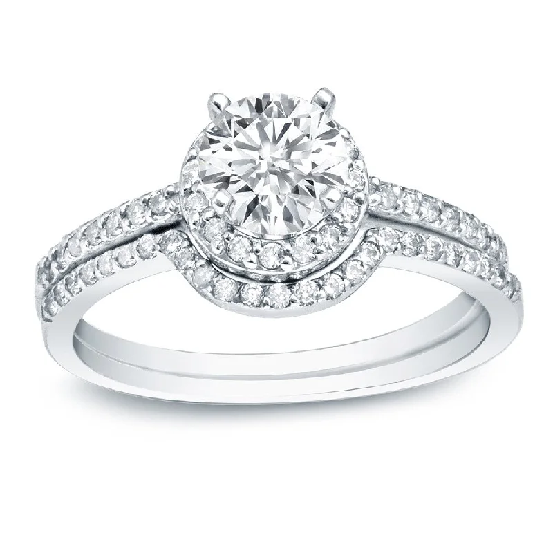 Ladies engagement ring with vintage appeal-Auriya Platinum 1ct TDW Certified Round Diamond Halo Engagement Ring Set