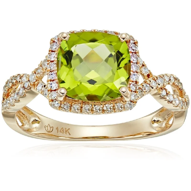 Ladies colored gemstone engagement ring-14k Yellow Gold Peridot, Diamond Cushion Engagement Ring, Size 7