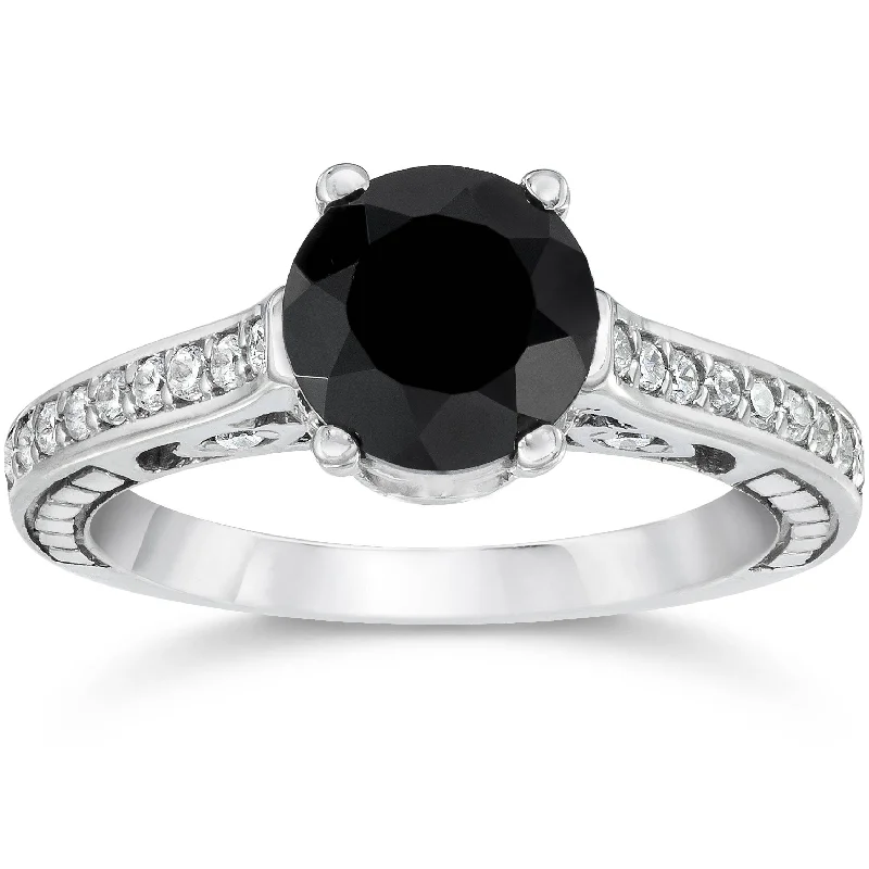 Ladies engagement ring with side diamonds-1 3/4ct Black & White Vintage Diamond Engagement Ring White Gold