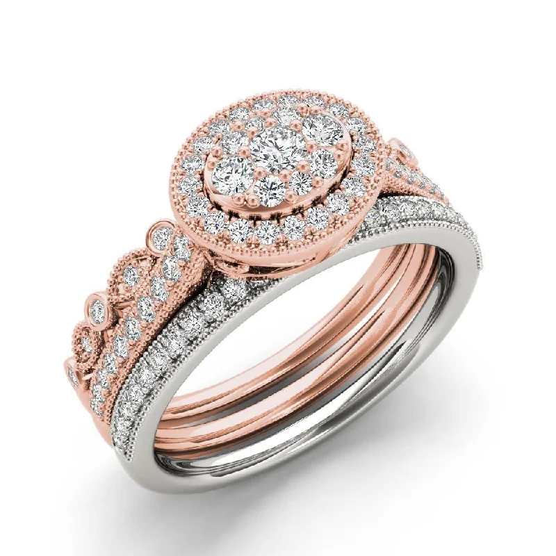 Ladies engagement ring with halo setting-De Couer 10k White and Rose Gold 1/2 ct TDW Diamond Halo Engagement Ring Set