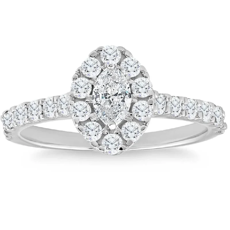 Ladies cushion cut engagement ring-1Ct TW Marquise Diamond Halo Engagement Ring in White, Yellow, or Rose Gold