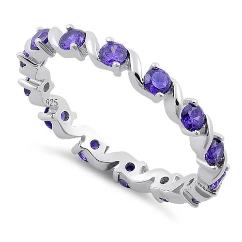 Ladies platinum ring-Sterling Silver Swirl Amethyst Eternity CZ Ring