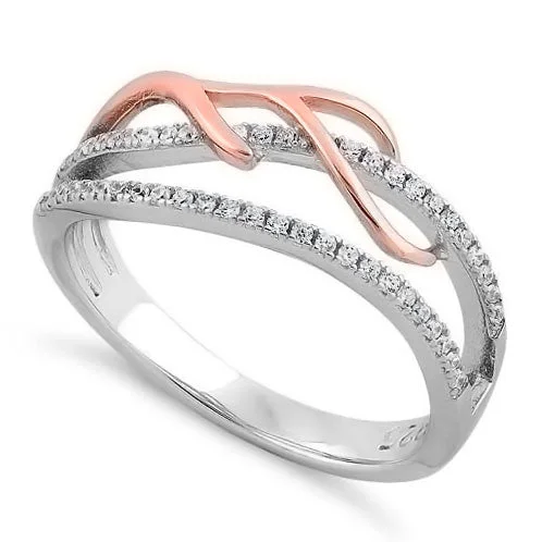 Ladies sterling silver eternity ring-Sterling Silver Two-tone Rose Gold Plated Vines Freeform CZ Ring