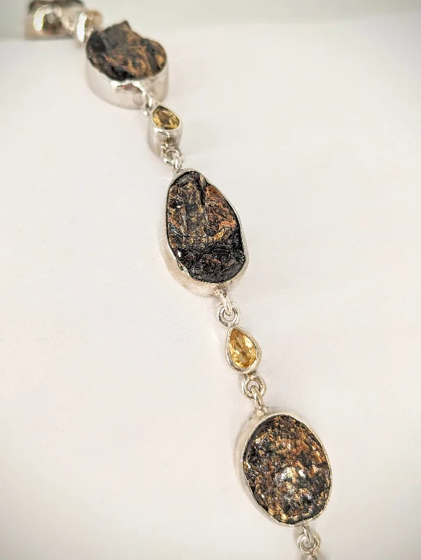 Ladies wedding bracelet-Silver Natural Raw Smokey Quartz & Citrine 8.5in Bracelet