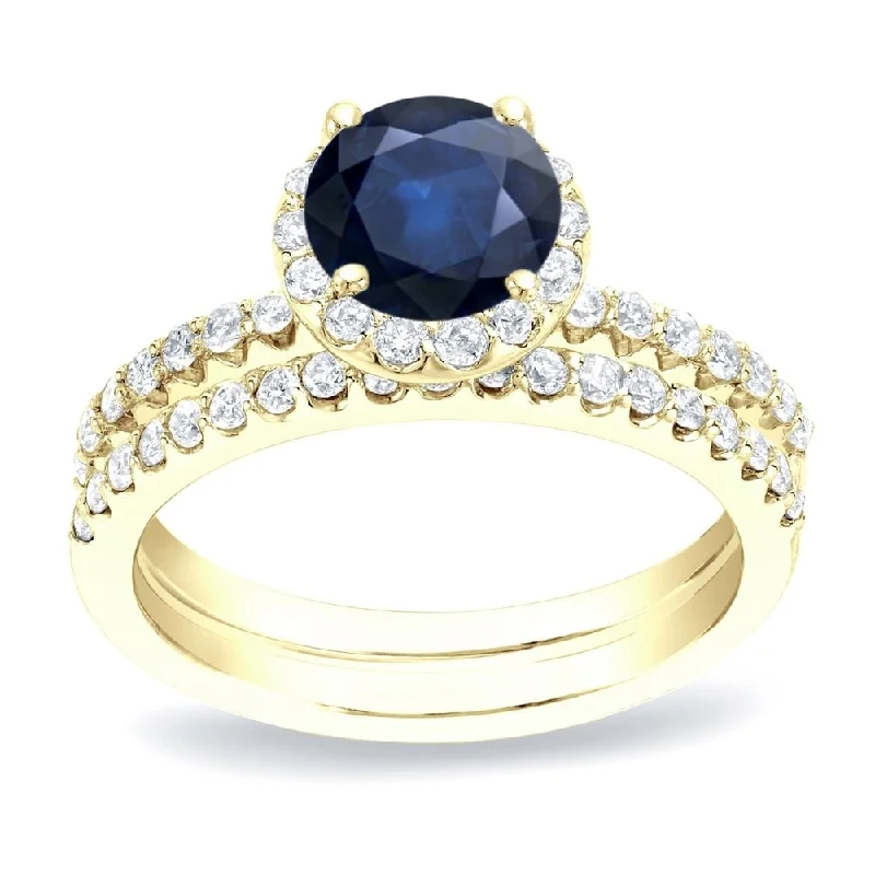 Ladies multi-stone engagement ring-Auriya 14k Gold 1/2ct Blue Sapphire and 3/4ctw Halo Diamond Engagement Ring Set