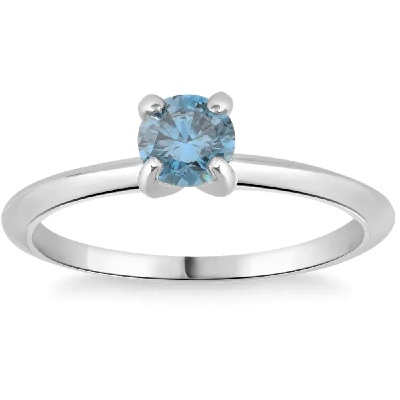 Ladies diamond engagement ring with halo-3/8Ct Round Cut Blue Diamond Solitaire Engagement Ring White or Yellow Gold