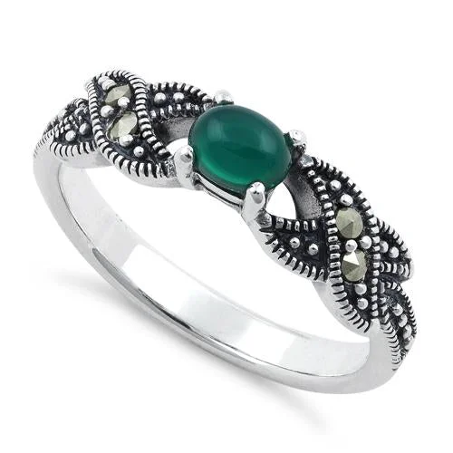 Ladies diamond eternity ring-Sterling Silver Oval Green Agate Marcasite Ring