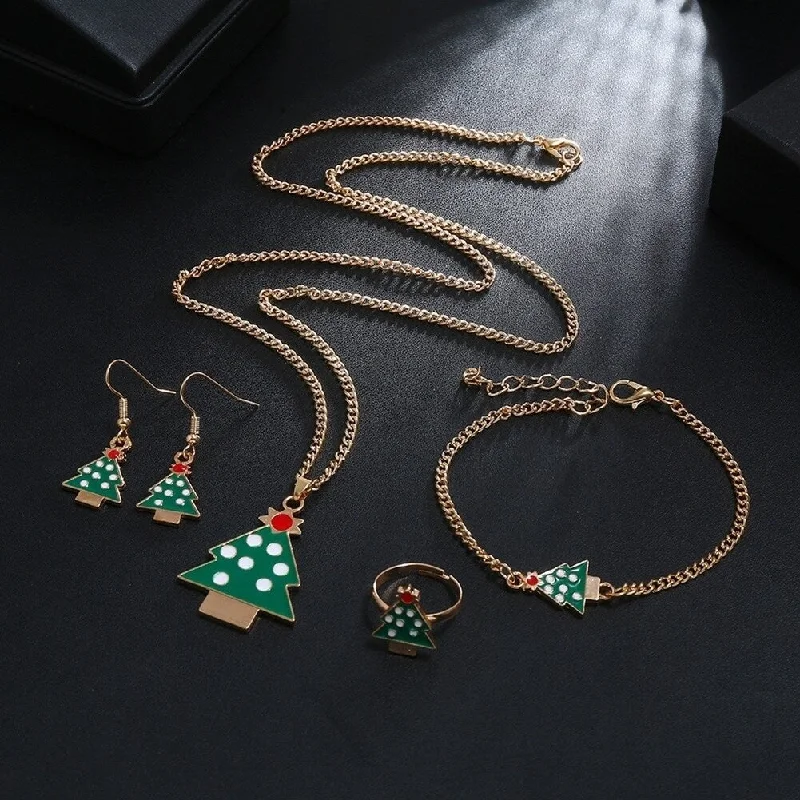 Ladies black bracelet-Christmas Tree Santa Elk Bell Earrings Bracelet Ring Necklace Women Jewelry Set