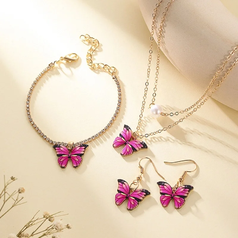 Ladies custom bracelet-3Pcs/Set Party Jewelry Faux Pearl Dark Pink Butterfly Electroplating Jewelry Set Necklace Earrings Bracelet Women