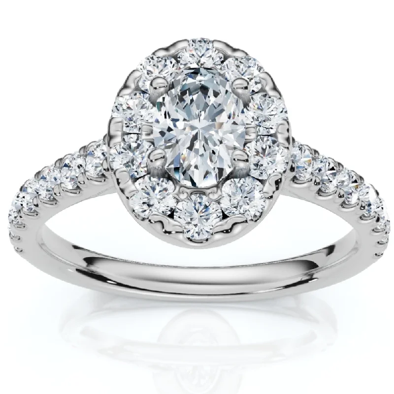 Ladies diamond halo engagement ring-1Ct Oval Diamond Halo Engagement Ring in White Gold