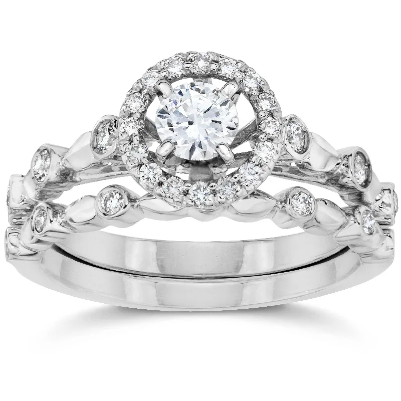 Ladies unique gold engagement ring-1/2CT Halo Diamond Engagement Wedding Ring Set White Gold