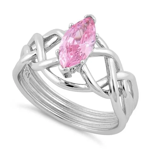 Ladies large ring-Sterling Silver Celtic Pink Marquise CZ Ring