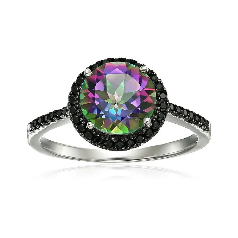 Ladies solitaire diamond engagement ring-Sterling Silver Mystic Topaz and Black Spinel Halo Engagement Ring - Green