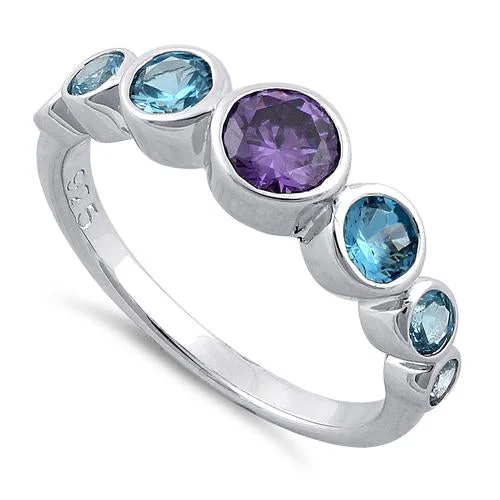 Ladies birthstone ring-Sterling Silver Amethyst & Blue Topaz Seven Stone Round CZ Ring