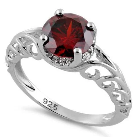 Ladies personalized name ring-Sterling Silver Swirl Design Garnet and Clear CZ Ring