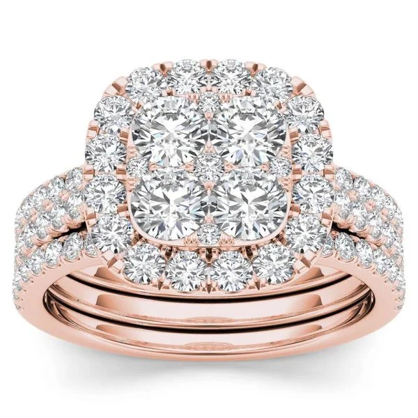 Ladies engagement ring with two-tone design-De Couer IGI Certified 14k Rose Gold 2ct TDW Diamond Halo Engagement Ring Set with Two Bands - Pink