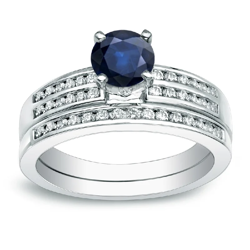 Ladies 14k engagement ring-Auriya Platinum 3/5ct Round Blue Sapphire and 2/5ct TDW Diamond Engagement Ring Set