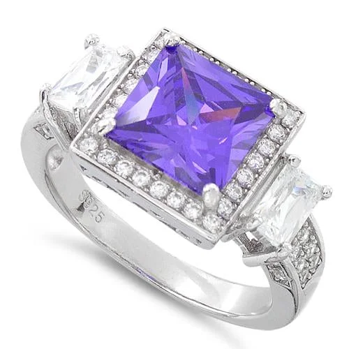 Ladies handmade silver ring-Sterling Silver Three Stone Amethyst Square CZ Ring