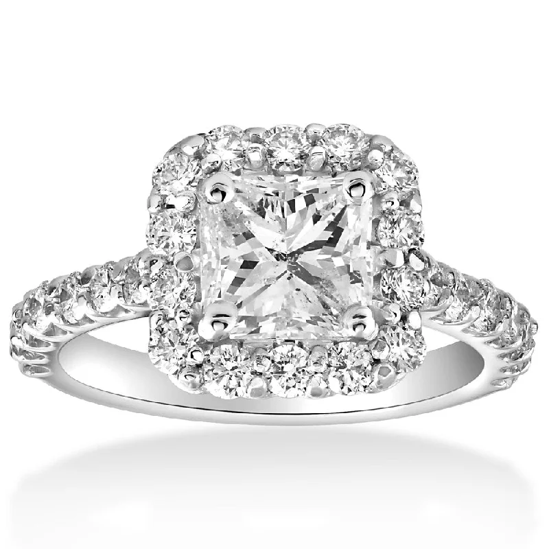 Ladies oval diamond engagement ring-14k White Gold 2 cttw Halo Princess Square Cut Diamond Enhanced Engagement Ring