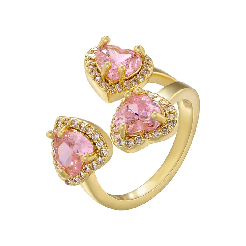 Gold pink diamond three hearts