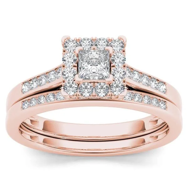 Ladies simple diamond engagement ring-De Couer 10k Rose Gold 1/2ct TDW Diamond Halo Engagement Ring Set with One Band - Pink