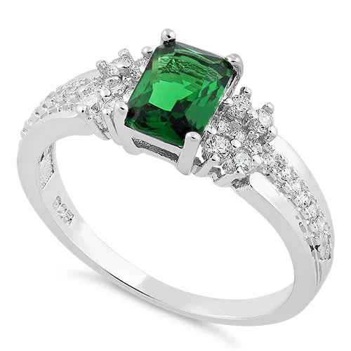 Ladies engraved ring-Sterling Silver Emerald Rectangle CZ Ring