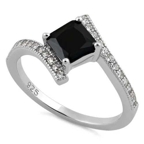 Ladies rose gold promise ring-Sterling Silver Elegant Princess Cut Black CZ Ring