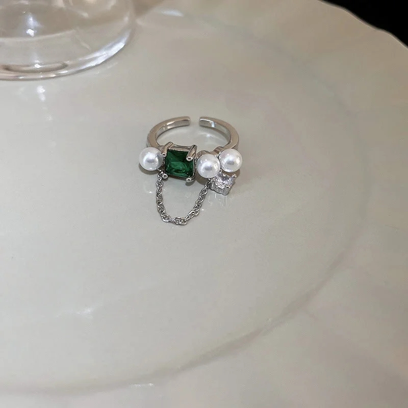 43# Emerald Zircon Pearl Chain Open Ring