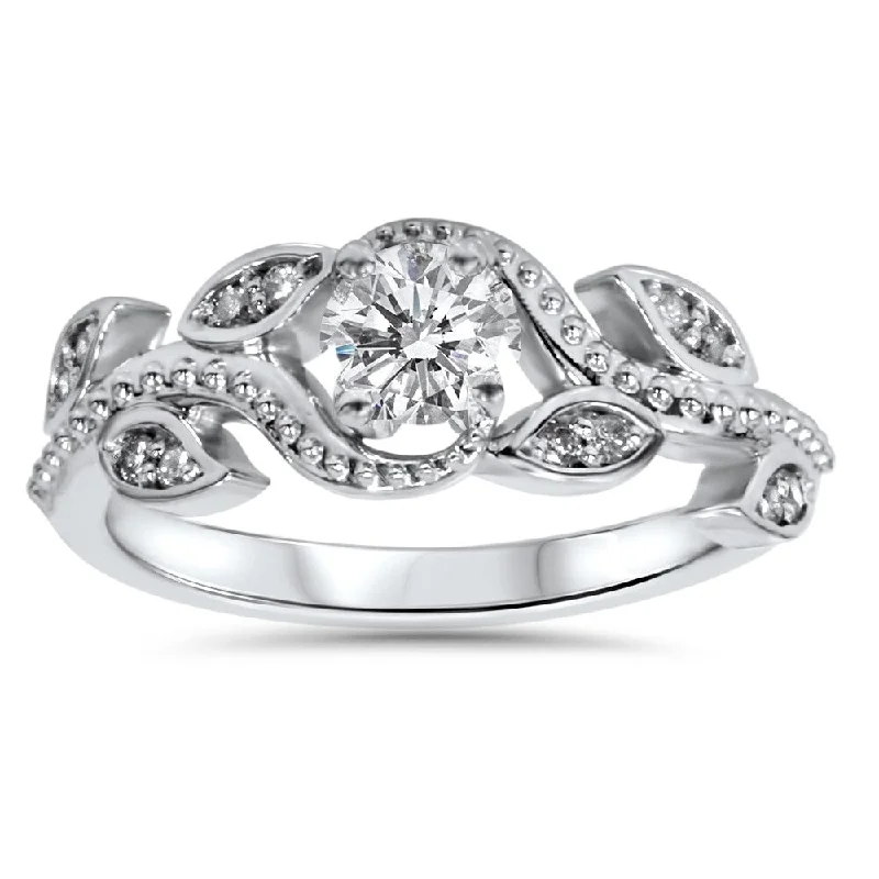 Ladies elegant engagement ring-14k White Gold 3/8ct TDW Vine Petal Vintage Style Diamond Engagement Ring