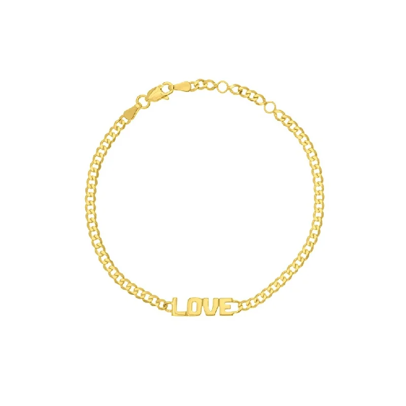 Ladies black bracelet-Curata 14k Yellow Gold 7.25" LOVE Plate Adjustable Curb Chain Bracelet