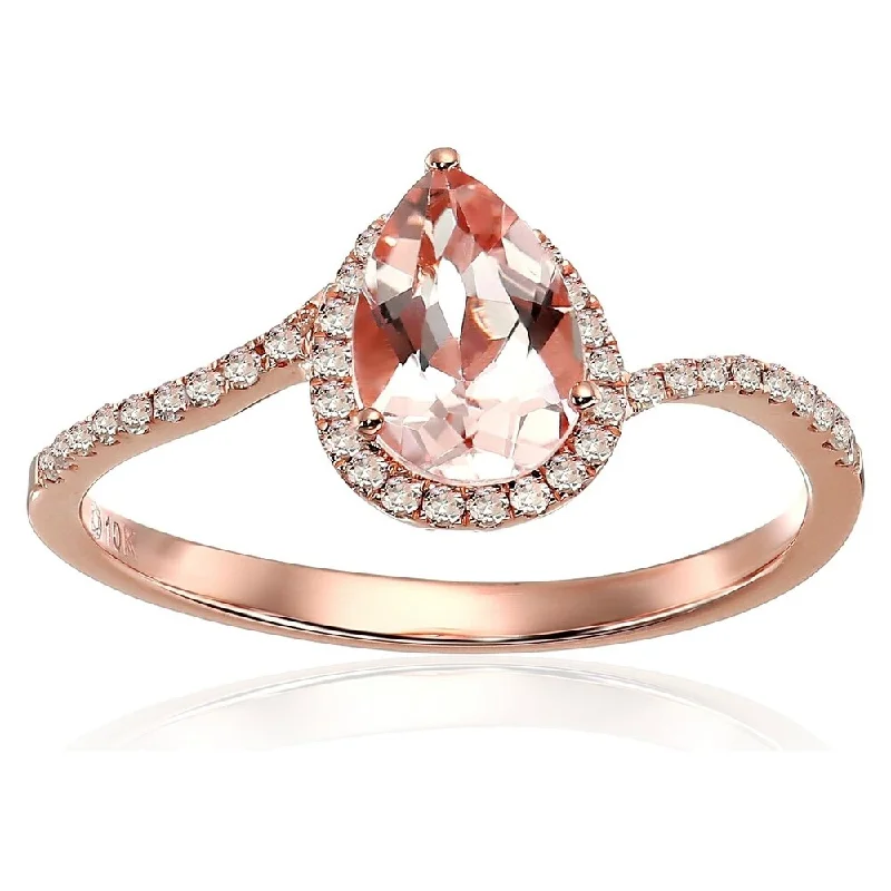 Ladies yellow gold engagement ring-10k Rose Gold Morganite and Diamond Princess Diana Pear Shape Engagement Ring, Size 6