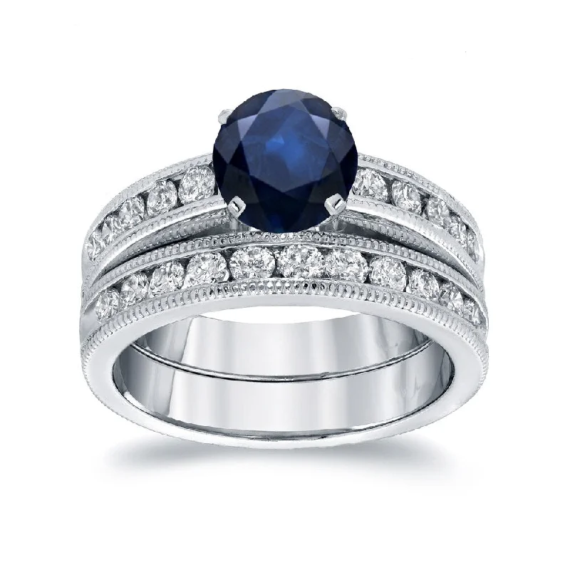 Ladies 1 carat diamond engagement ring-Auriya 14k Gold Vintage 1ct Blue Sapphire and 1ctw Diamond Engagement Ring Set