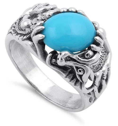 Ladies platinum engagement ring-Sterling Silver Simulated Turquoise Dragon Ring