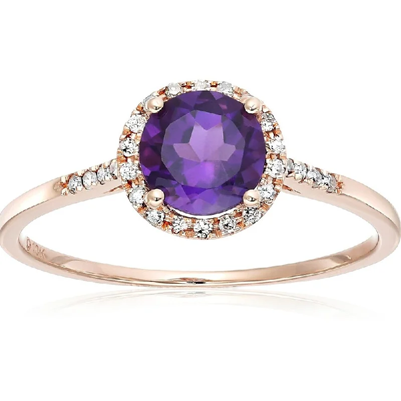 Ladies budget engagement ring-10k Rose Gold African Amethyst and Diamond Classic Princess Di Halo Engagement Ring, Size 7