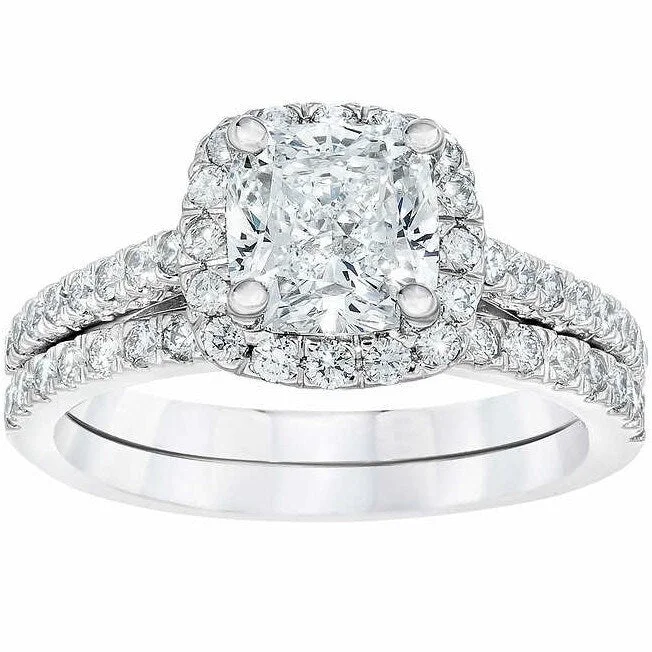 Ladies three-stone diamond engagement ring-2.25 cttw Cushion Halo Diamond Engagement Wedding Ring Set White Gold